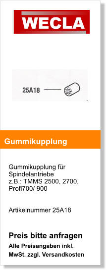 Gummikupplung fr Spindelantriebe z.B.: TMMS 2500, 2700, Profi700/ 900    Artikelnummer 25A18   Preis bitte anfragen Alle Preisangaben inkl. MwSt. zzgl. Versandkosten    Gummikupplung